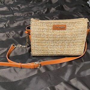 Steve Madden Crossbody Straw Purse With Brown Leather Straps And Gold Accents